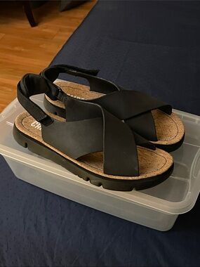 Camper Black Leather Cork-Trim Slingback Sandals